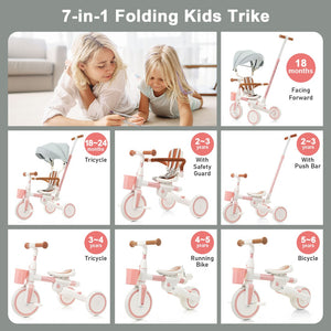 English Elm 7 in 1 Convertible Toddler Tricycle Aluminum Frame Push Trike with Rotating Seat Canopy Pink N726P300636G