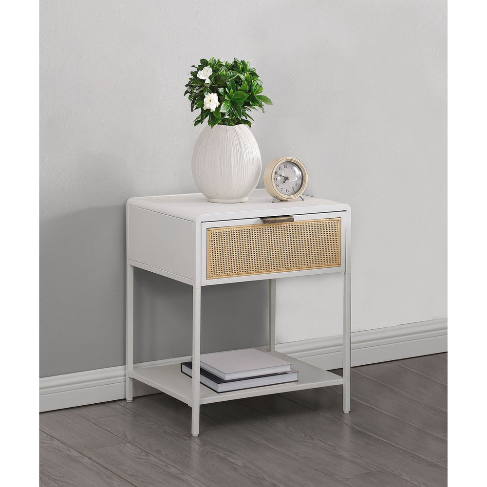 English Elm Duncan White 1-Drawer Nightstand with Radio Weave Cane Front, Black Steel Frame & Laminate Top B062P299872
