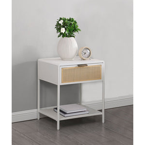 English Elm Duncan White 1-Drawer Nightstand with Radio Weave Cane Front, Black Steel Frame & Laminate Top B062P299872