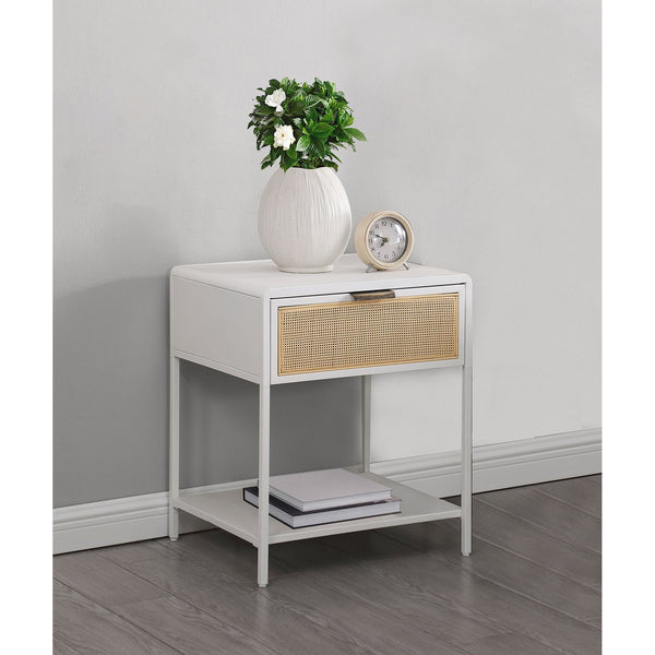 English Elm Duncan White 1-Drawer Nightstand with Radio Weave Cane Front, Black Steel Frame & Laminate Top B062P299872