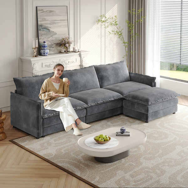English Elm Corduroy 3-Seater Oversized L-Shaped Couch With Movable Footrest For Ultimate Comfort & Style W834S00431