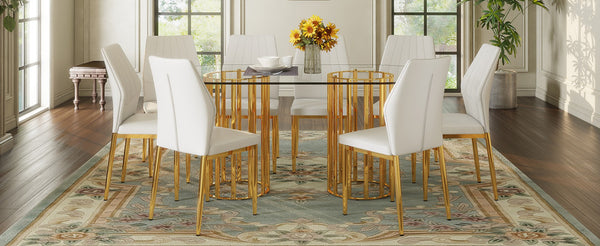 English Elm Table and Chair Set Oval Glass Top Gold Base with 8 Shell Pu Dining Chairs W1151S04729