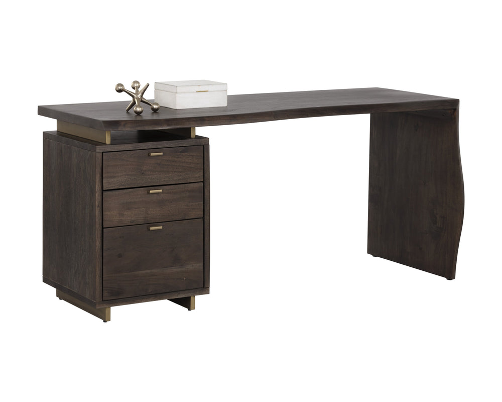Sunpan Lewis Desk - Stunning Live Edge Design with Solid Acacia Wood, Brass Accents, and Three Drawers Dark Brown