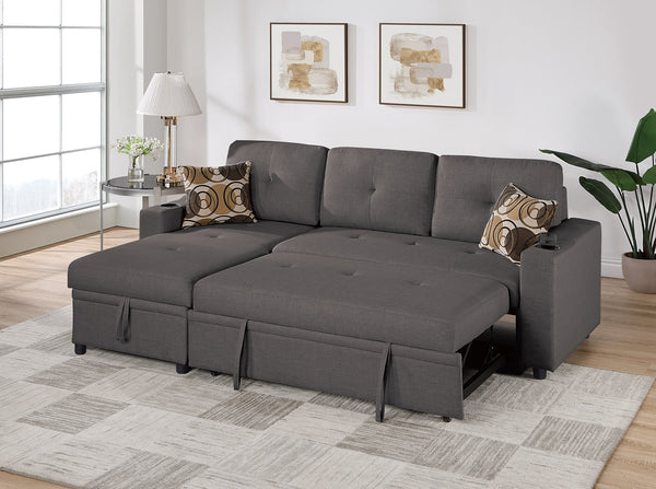 English Elm Ash Convertible Sectional Sofa with Pull-Out Bed, Reversible Storage Chaise, Cupholders, Tufted Elegance B011S01021