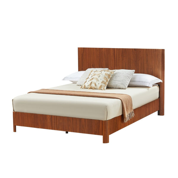 English Elm Queen Walnut Platform Bed Sculptural Corrugated Headboard No Box Spring Required W1820P414053