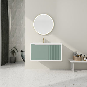 English Elm 36" Wall-Mounted Vanity with Ceramic Sink, Dual-Texture Wave Door, Soft-Close Hinges, Eco Plywood W999S00127