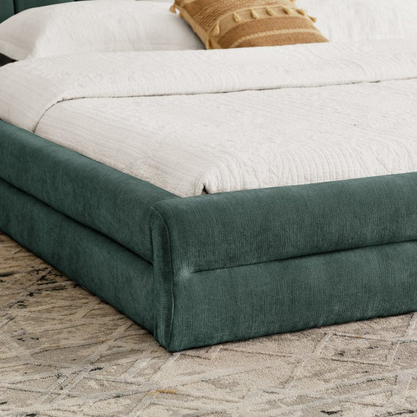 English Elm King Platform Bed Full Chenille Upholstery Low Profile Frame for Modern Bedroom Blue+Green W487S00435