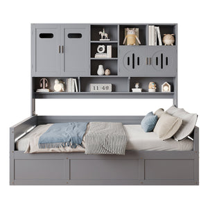 English Elm Full Size Wooden Daybed With Hydraulic Lift, Integrated Storage Cabinet & Shelves In Gray Finish N820S00047E