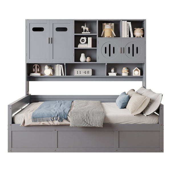 English Elm Full Size Wooden Daybed With Hydraulic Lift, Integrated Storage Cabinet & Shelves In Gray Finish N820S00047E
