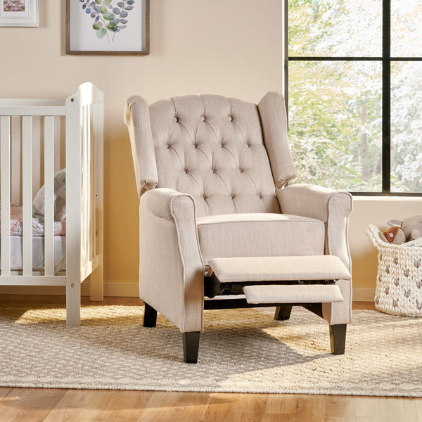 English Elm Christopher Knight Home® - Pushback Tufted Recliner Chair in Beige Fabric with Wingback Design, Birch Legs, Contemporary Comfort and Style 68629.00
