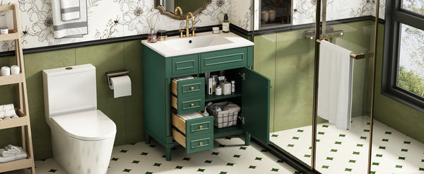 English Elm 30" Bathroom Vanity with Sink — Freestanding Modern Cabinet with Soft-Close Door, 2 Deep Drawers, Durable Basin Green N710P288938F