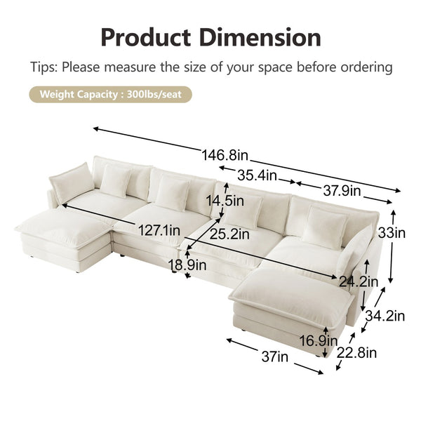 English Elm Comfort Modular U-shape Sectional Sofa White Chenille with Reversible Chaise and Ottomans W714S00564