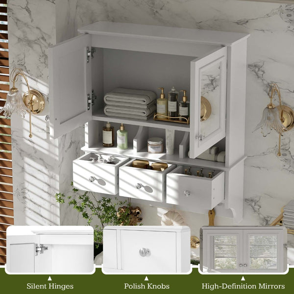 English Elm 4-in-1 Wall Mounted Bathroom Cabinet with Mirror Drawers and Towel Hooks Vanity White N710P405416K