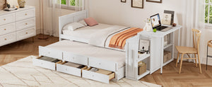 English Elm Twin Multifunctional Wood Platform Bed with Built-In Desk, Trundle & 3 Drawers for Small Spaces White 44.3 L x 23.1 W x 9 H N733S212832K