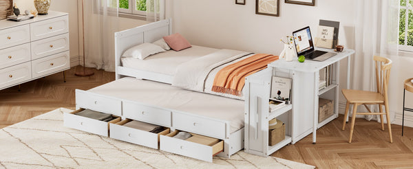 English Elm Twin Multifunctional Wood Platform Bed with Built-In Desk, Trundle & 3 Drawers for Small Spaces White 44.3 L x 23.1 W x 9 H N733S212832K