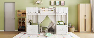 English Elm Twin Loft Bed Cottage-Style Playhouse with Built-In Bookshelf, Curtain & Storage, Safe Guardrails White W1580S00355