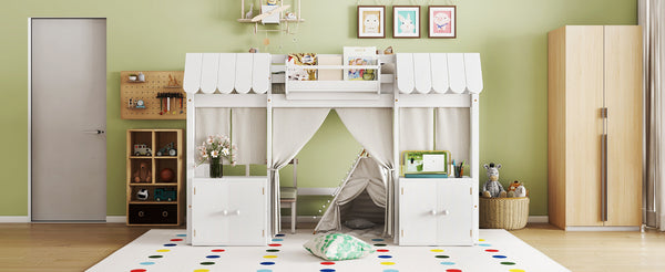 English Elm Twin Loft Bed Cottage-Style Playhouse with Built-In Bookshelf, Curtain & Storage, Safe Guardrails White W1580S00355