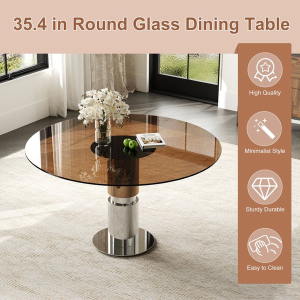 English Elm 35-inch Tempered Glass Round Dining Table Steel Base Seats Four Apartment Bistro W509S00161
