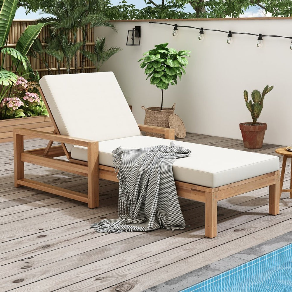 English Elm Trexm Outdoor Acacia Wood Chaise Lounge with Thick Foam Cushion and Adjustable Backrest Light Teak N715P236307D