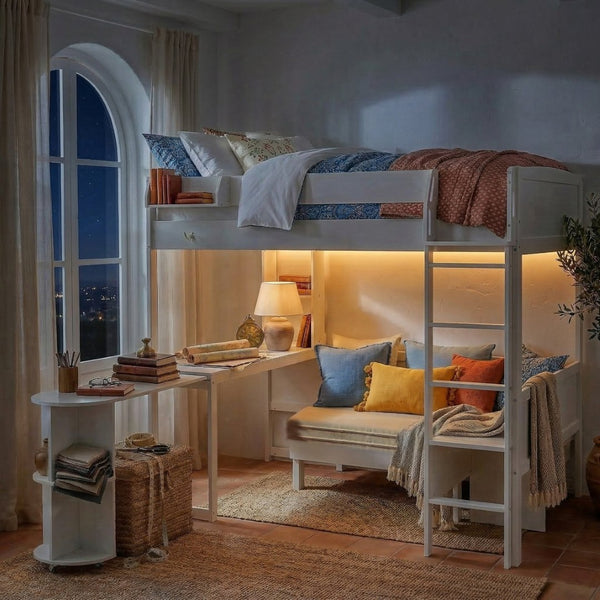 English Elm Full Size Loft Bed with Rotating Desk Led Lighting Sofa and Bookshelf Storage White LT000200AAK