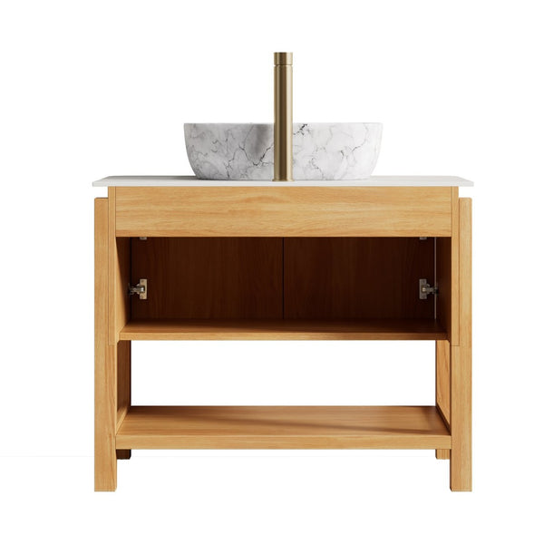English Elm Dina Floating Bathroom Vanity Sintered Stone Top Glass Basin Striped Plywood Cabinet W2615S00517
