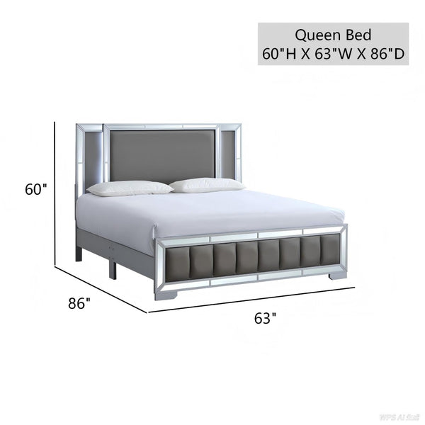 English Elm Murry Queen Platform Bed Faux Leather Headboard Led Backlit Mirror Panels Silver B078S00652