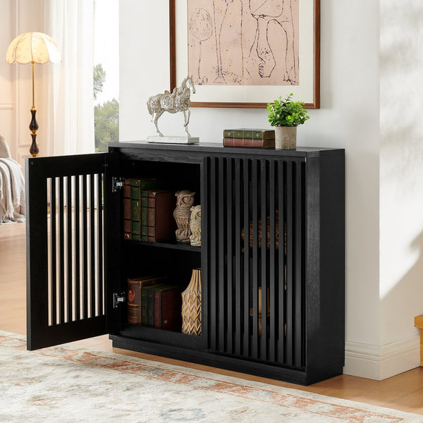 English Elm Mid Fluted Hollowed Sideboard Cabinet with Outlet Holes, Mid Century Storage Buffet for Entryway, Dining Black W1801P288511