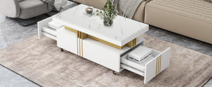 English Elm Faux Marble Rectangular Coffee Table with Gold Bars Drawers and Caster Wheels White WF305961AAK