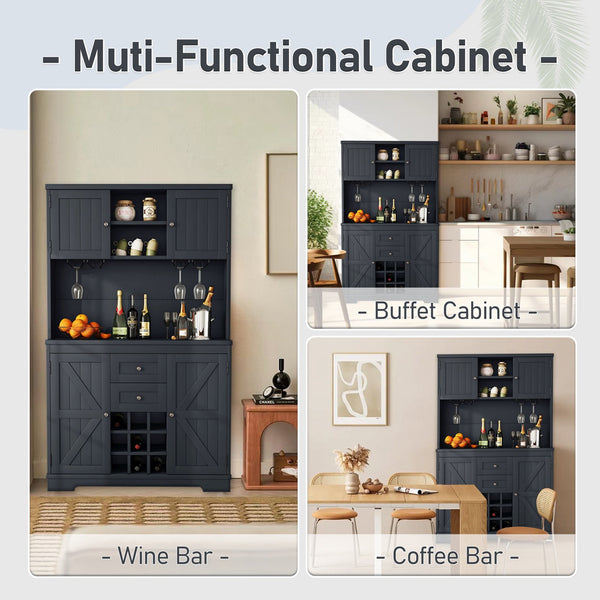 English Elm Coffee Bar Cabinet Dark Blue Farmhouse Buffet with Wine Cubbies, Stemware Rack, Drawers, Shelves & Prep Space Antique Blue W1580S00073