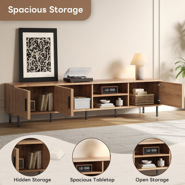 English Elm 78 Inch Low Profile Media Console with Pine Legs Soft Close Doors for Living Room N710P429513P