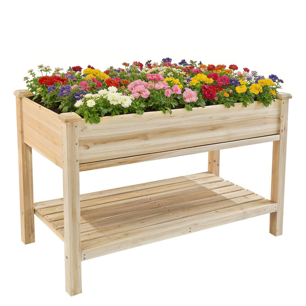 English Elm Raised Wood Planter Bed Counter Height Ergonomic Design with Drainage Tray and Tool Shelf W3166P444935