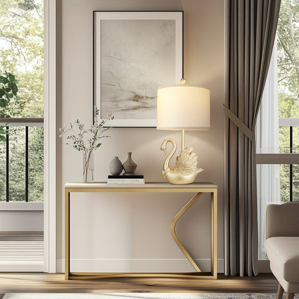 English Elm Two-piece Golden Brass Swan Sculptural Table Lamp Set with Led for Modern Decor W3355P465407