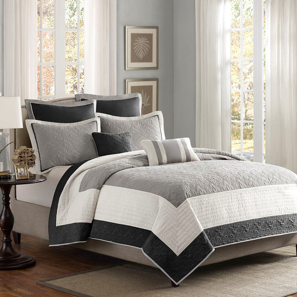 English Elm 7 Piece Attingham Reversible Quilt Set Full/Queen in Neutral Black Ivory Grey with Euro Shams Black 22.64 L x 17.91 W x 10.63 H B03597421