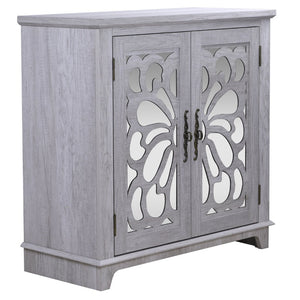 English Elm Elegant Mirrored Sideboard with Butterfly Carved Doors Wood Grain Finish Dining Storage Light Gray W2899P372740