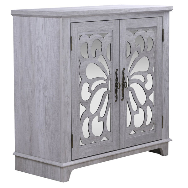English Elm Elegant Mirrored Sideboard with Butterfly Carved Doors Wood Grain Finish Dining Storage Light Gray W2899P372740