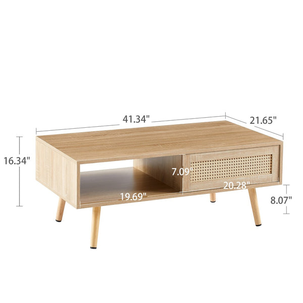 English Elm 41.34" Woven Rattan Coffee Table with Sliding Storage Door and Solid Wood Legs W126573113