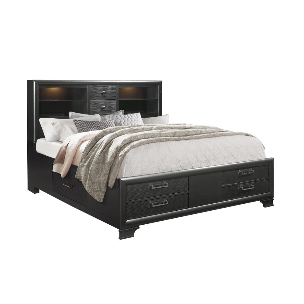 English Elm Civic Grey Five Piece Bedroom Set with Lit Bookcase Headboard and Storage Drawers B201S00484