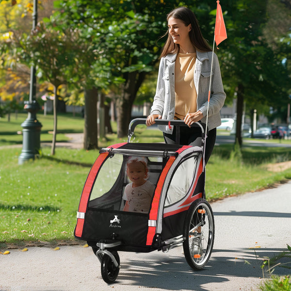 English Elm Aosom 2-in-1 Walk Ride Kids Bike Trailer & Stroller, 2-Seat Weatherproof Wagon with Flag, Red W2225P216990
