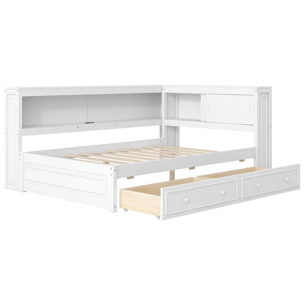 English Elm Full Pine Platform Daybed with Led Lighting Usb Charging Headboard Shelf and Drawers White N7090004032K