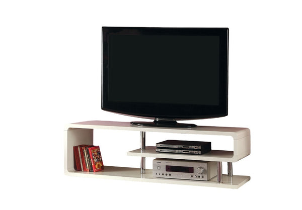 English Elm Contemporary Curved Shelving TV Console with Chrome Poles, High Gloss Lacquer Finish, Sleek Design White 60 L x 19 W x 7 H B2741P361976