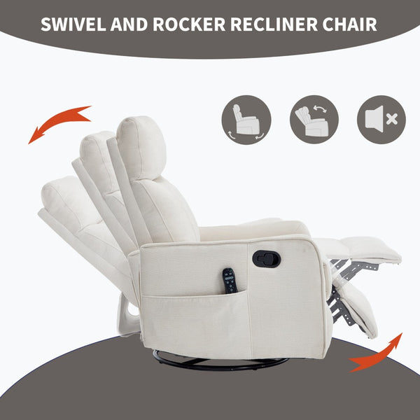 English Elm Beige Fabric Swivel Rocker Recliner with Massage Nodes and Lumbar Heat for Living Room Beige W1803P363421