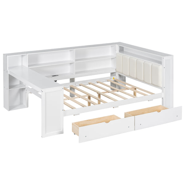 English Elm Wood Full Size Gaming Loft Bed with Integrated Desk, Shelves, LED Lighting & Hanging Clothes Rack Beige+White N7090001047K