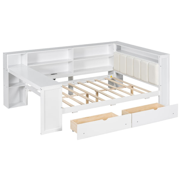 English Elm Wood Full Platform Bed with Led Headboard Built-in Desk Charging Station and Storage Shelves Beige+White N7090001047K-1