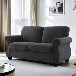 English Elm Soft Velvet Upholstered Loveseat with Turned Wood Legs Nailhead Trim Mid-century Style Black B2735P292309