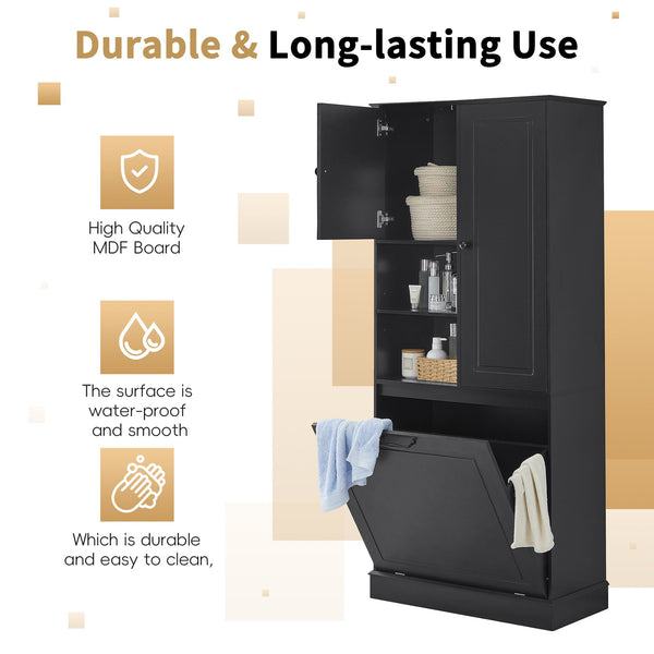 English Elm Tall Storage Cabinet with Flip-Out Basket, Adjustable Shelves & Aluminum Handles for Organized Living Black N725P322739B