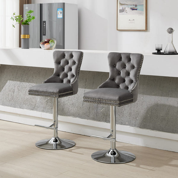 English Elm Thick Velvet Swivel Barstools with 17.7" Chrome Base, Tufted Diamond Pleating, Comfort Foam Seats Gray W1143P335043