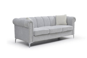 English Elm Sammy Rolled Arm Chenille Sofa with Chrome Nail Heads and Polished Steel Legs B078S00649