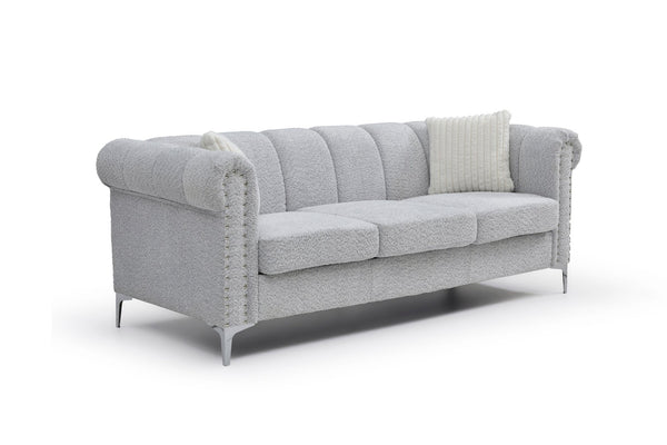 English Elm Sammy Rolled Arm Chenille Sofa with Chrome Nail Heads and Polished Steel Legs B078S00649