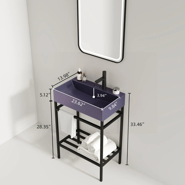 English Elm LOFI Ceramic Integrated Bathroom Vanity 24" with Rectangular Basin, Open Metal Shelf, Easy Clean Purple+Black W2615S00061