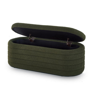English Elm Modern Boucle Upholstered Oval Bench with Hinged Lid Storage for Bedroom Entryway Dark Green W2186P193118